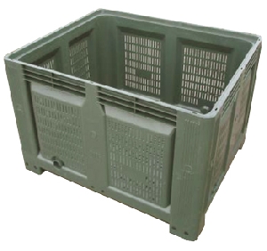 UB264P/20 PLASTIC BOX PALLET pallet tower&nbsp;&nbsp;Rigid plastic Box Pallet with slotted sides and base. Skids on 1200mm long dimension. Manufactured from recycled HDPE. Once used for the importation of citrus fruit. Hi-volume 660 litre capacity. Finish dark green. Picture shown does not include skids. All boxes supplied will have two skids running the long dimension.