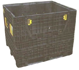 UB269P/4 USED COLLAPSIBLE PLASTIC BOX PALLET&nbsp;&nbsp;Fully collapsible plastic box pallet from HDPE structural foam. Half drop collapsible gate on one long and one short dimension. Solid sides, perforated base, free access on short dimension. Colour black. Good condition, some skid damage.