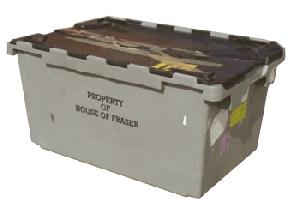 US275P USED ATTACHED LID CONTAINER&nbsp;&nbsp;Nestable attached lid container with integral 2 piece lid. Solid sides and base.
80L capacity. Units marked “Property of House of Fraser” but bought by
Palletower following House of Fraser’s sale of these containers. Grey box with
black lid. Generally good condition.
PALLET