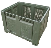 UB264P/20 PLASTIC BOX PALLET pallet tower&nbsp;&nbsp;Rigid plastic Box Pallet with slotted sides and base. Skids on 1200mm long dimension. Manufactured from recycled HDPE. Once used for the importation of citrus fruit. Hi-volume 660 litre capacity. Finish dark green. Picture shown does not include skids. All boxes supplied will have two skids running the long dimension.