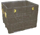 UB269P/4 USED COLLAPSIBLE PLASTIC BOX PALLET&nbsp;&nbsp;Fully collapsible plastic box pallet from HDPE structural foam. Half drop collapsible gate on one long and one short dimension. Solid sides, perforated base, free access on short dimension. Colour black. Good condition, some skid damage.