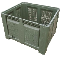 UB264P/20 PLASTIC BOX PALLET pallet tower&nbsp;&nbsp;Rigid plastic Box Pallet with slotted sides and base. Skids on 1200mm long dimension. Manufactured from recycled HDPE. Once used for the importation of citrus fruit. Hi-volume 660 litre capacity. Finish dark green. Picture shown does not include skids. All boxes supplied will have two skids running the long dimension.