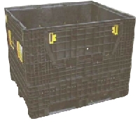 UB269P/4 USED COLLAPSIBLE PLASTIC BOX PALLET&nbsp;&nbsp;Fully collapsible plastic box pallet from HDPE structural foam. Half drop collapsible gate on one long and one short dimension. Solid sides, perforated base, free access on short dimension. Colour black. Good condition, some skid damage.