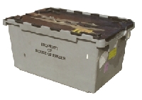 US275P USED ATTACHED LID CONTAINER&nbsp;&nbsp;Nestable attached lid container with integral 2 piece lid. Solid sides and base.
80L capacity. Units marked “Property of House of Fraser” but bought by
Palletower following House of Fraser’s sale of these containers. Grey box with
black lid. Generally good condition.
PALLET